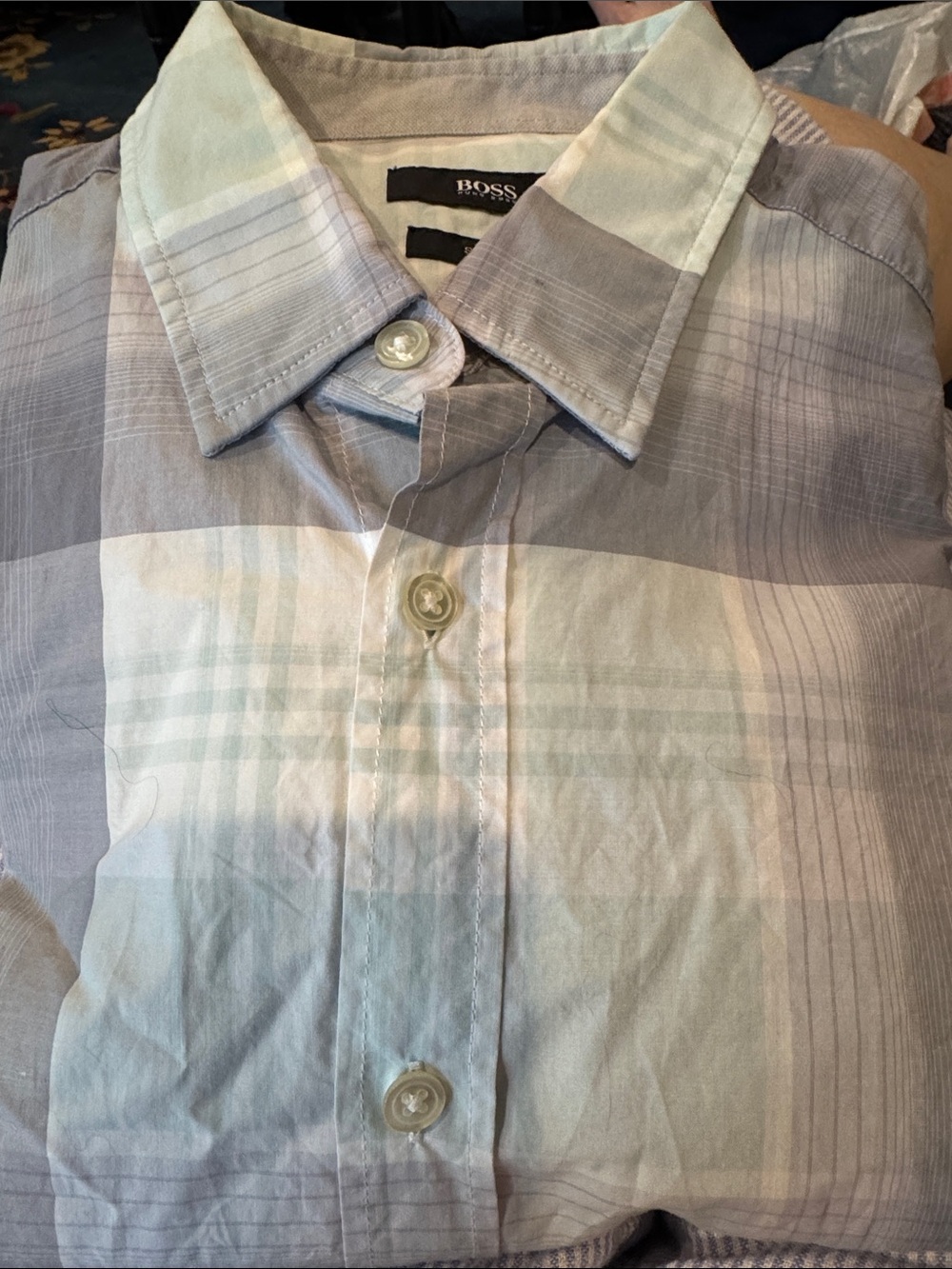 Hugo Boss Very Pale Blue-Green, Gray & White Plaid Long Sleeve Button-Down Shirt